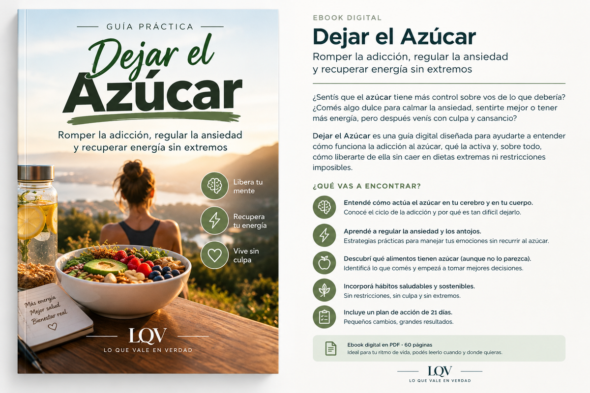 Portada y presentación del ebook «Dejar el Azúcar», con un bowl de alimentos saludables y una mujer frente a un paisaje al amanecer.