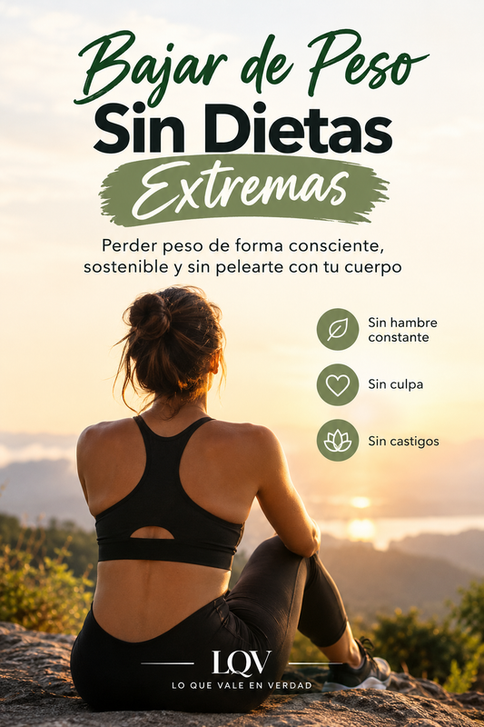 Portada del ebook Bajar de Peso Sin Dietas Extremas, con una mujer sentada frente a un paisaje al atardecer.