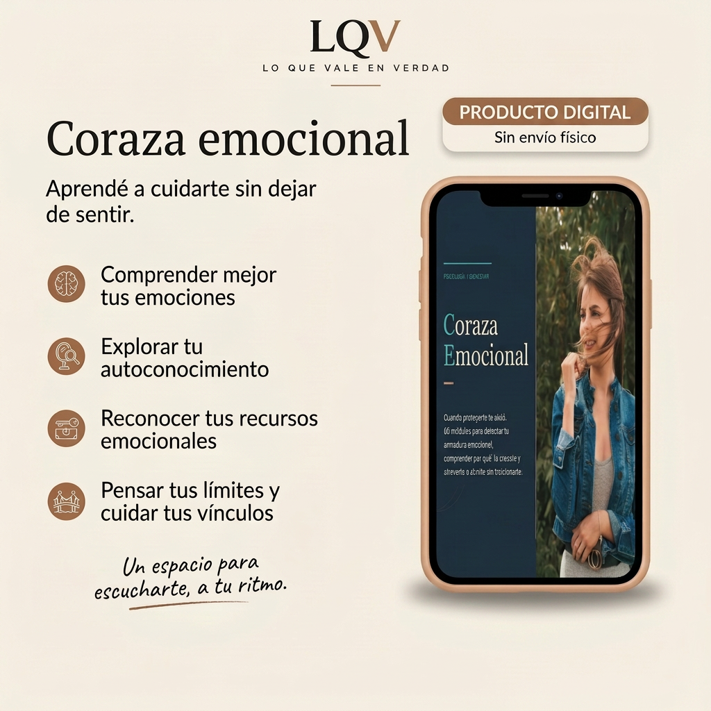 Coraza Emocional en un celular, junto a cuatro propuestas de autoconocimiento, recursos emocionales y límites.
