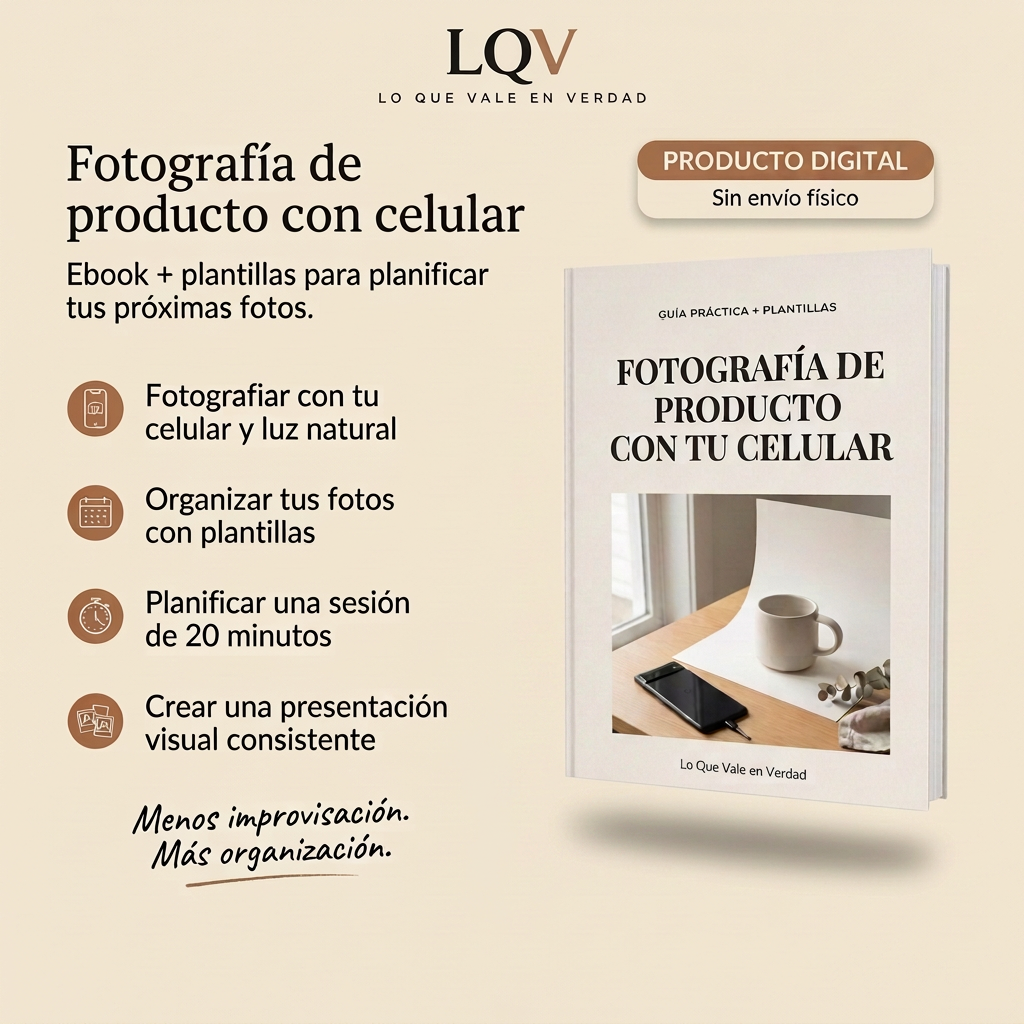 Ebook de fotografía de producto con celular y cuatro propuestas para organizar fotos con luz natural y planificar una sesión.
