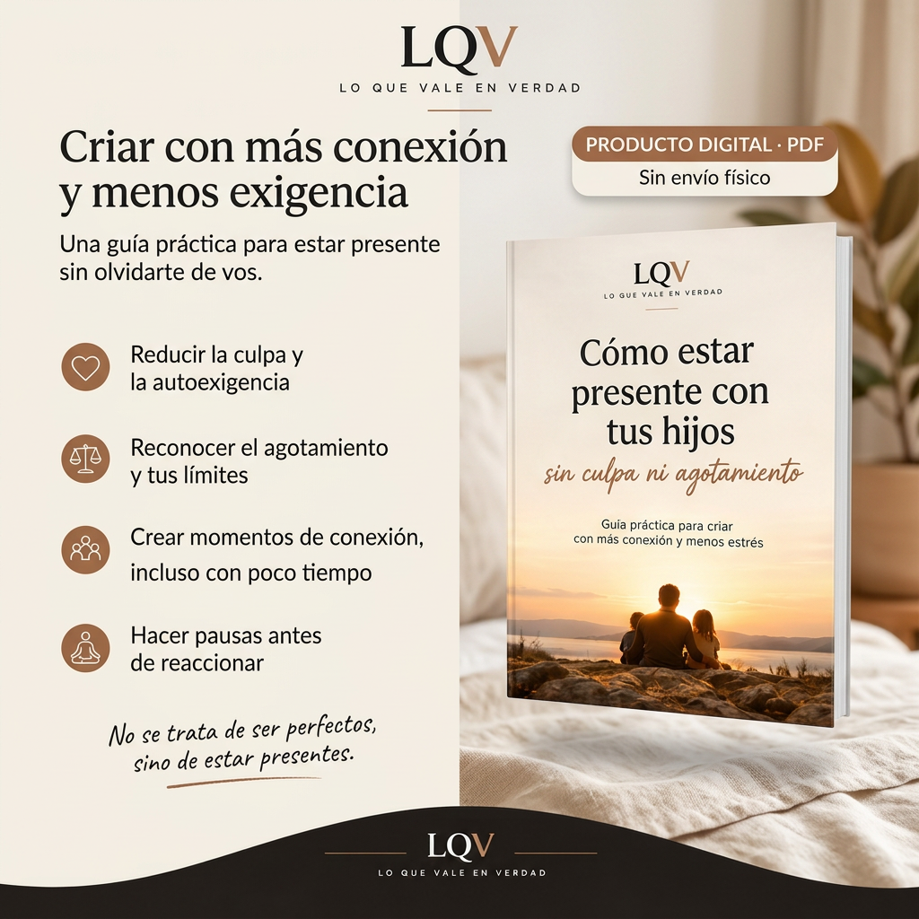Portada y cuatro beneficios de la guía para criar con más conexión y menos exigencia. Producto digital en PDF, sin envío físico.