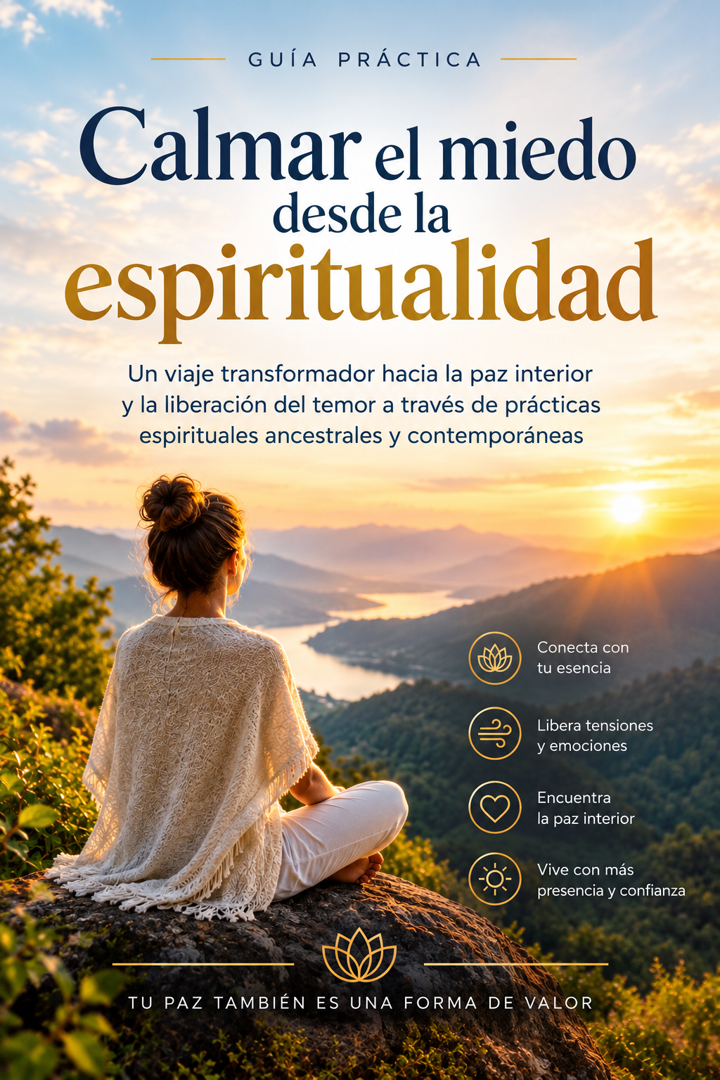 Portada de Calmar el miedo desde la espiritualidad, con una mujer sentada frente a un paisaje al atardecer.
