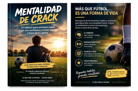 Portada y contraportada de Mentalidad de Crack, guía de 21 hábitos para jóvenes futbolistas, con un chico y una pelota en la cancha.
