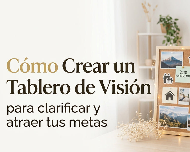 Portada Cómo crear un tablero de visión para clarificar y atraer tus metas, junto a un tablero con imágenes.