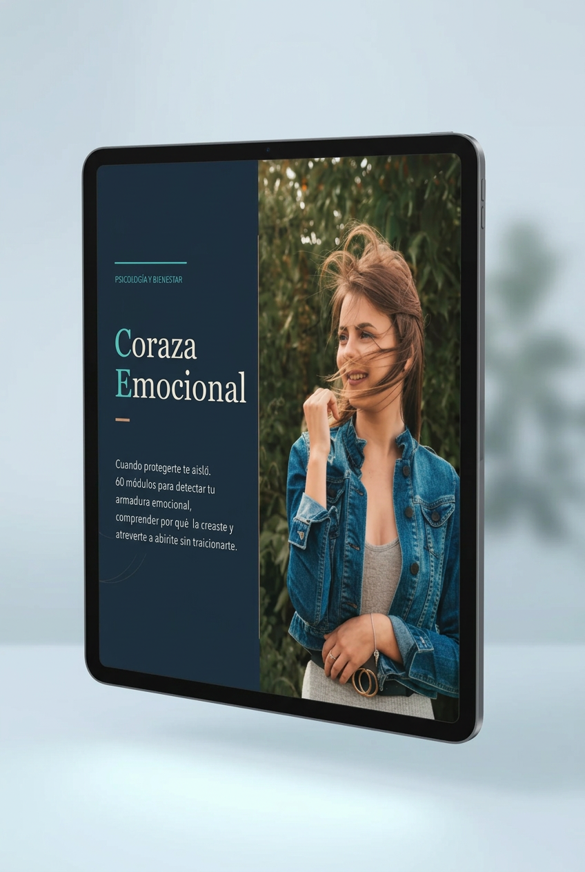 Portada de Coraza Emocional en una tablet, con la fotografía de una mujer.
