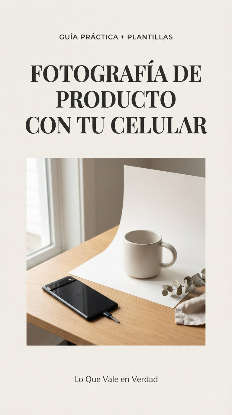 Portada de Fotografía de producto con tu celular, con una taza, un teléfono y un fondo blanco junto a una ventana.