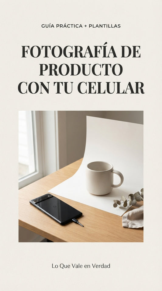 Portada de Fotografía de producto con tu celular, con una taza, un teléfono y un fondo blanco junto a una ventana.